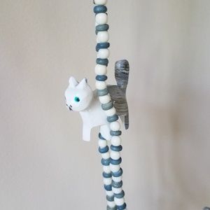 Cat necklace white blue beads double strands